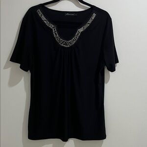 Women’s Beaded Top Large Black Silver Cotton Blend Short Sleeve Gathered Stretch